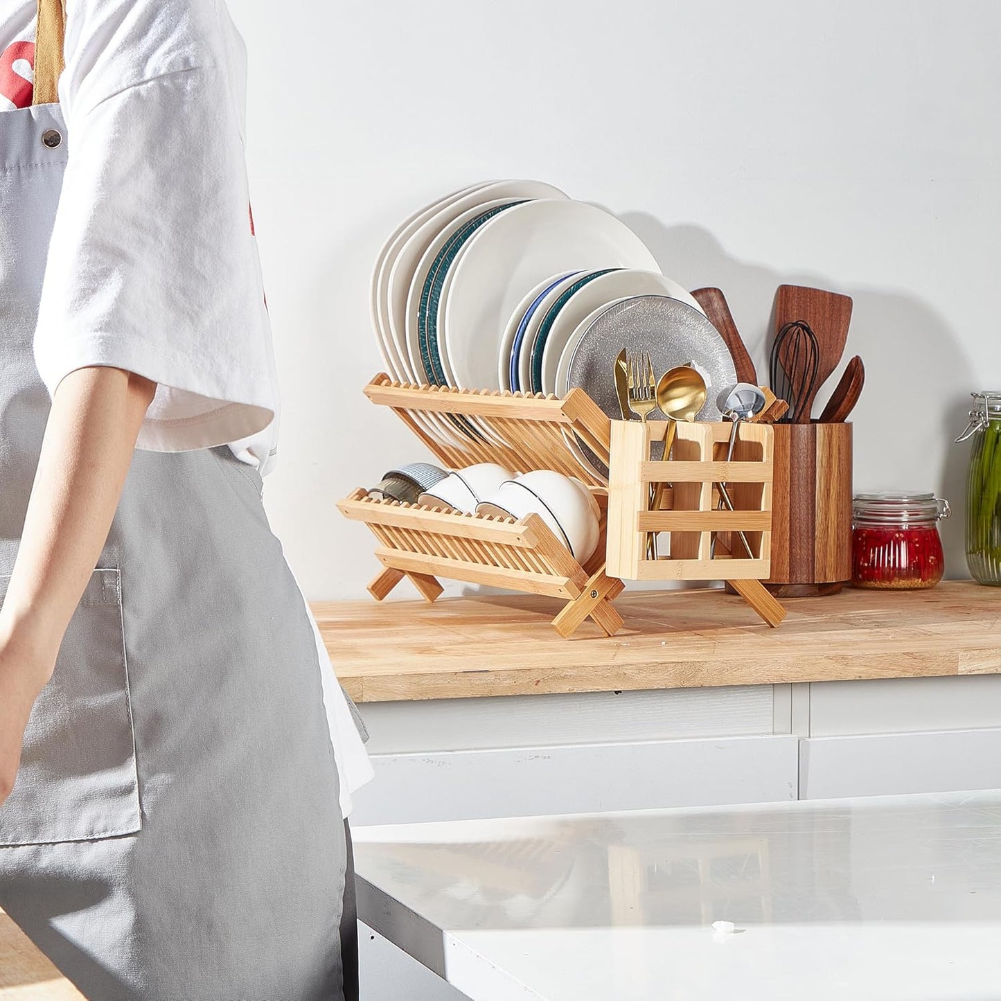 Bamboo Dish Drying Rack-2 Tier, Collapsible Small Dish Rack with Utensil Holder