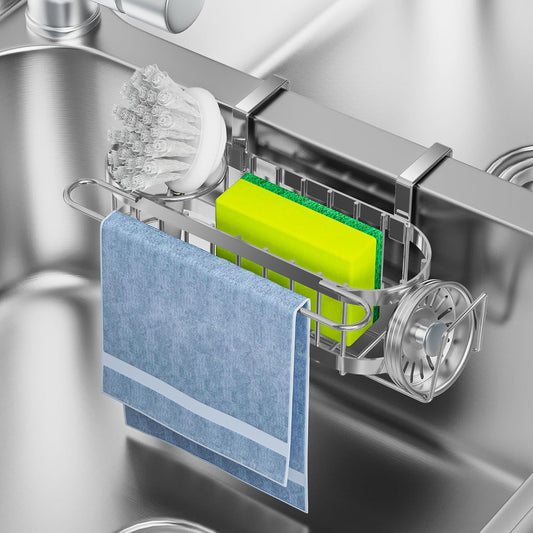 Silver Kitchen Sink Caddy Sponge Holder in The Sink, Stainless Steel Kitchen Organizer
