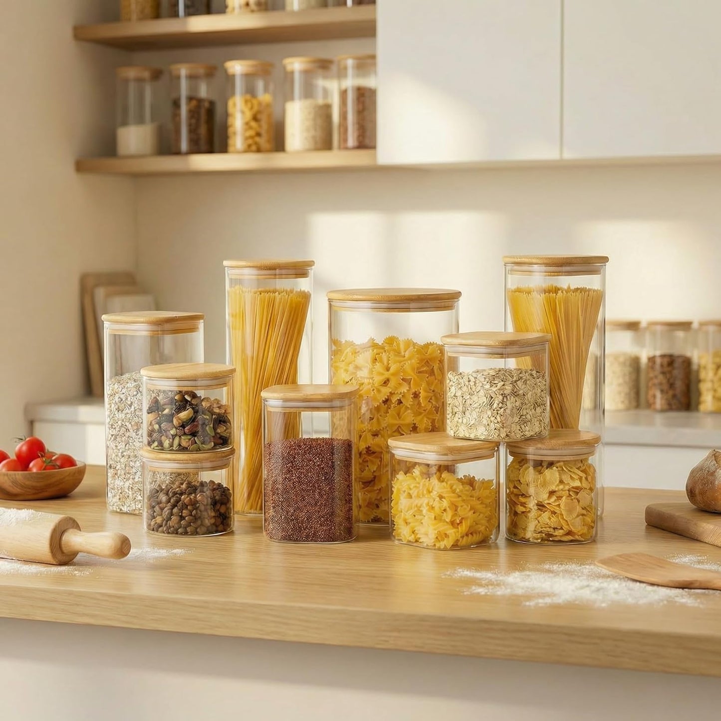 42oz & 27oz - 4 Pack Square Glass Jars with Bamboo Lids