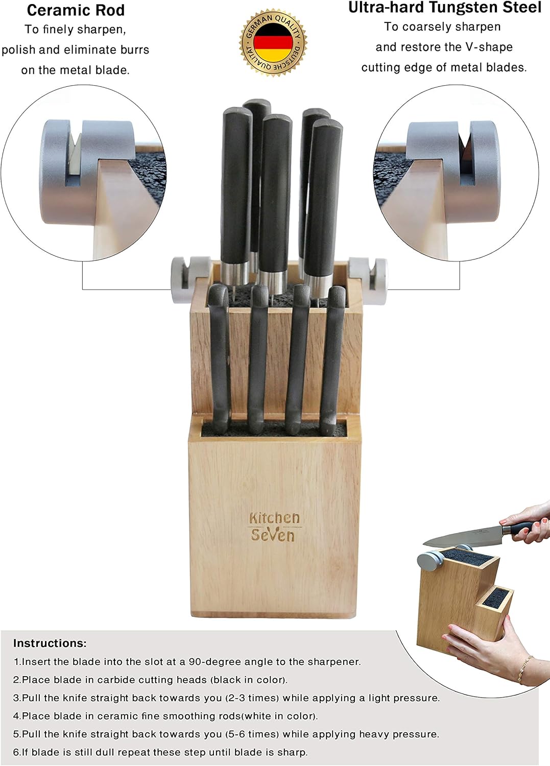 Bamboo Universal Knife Block - Knife Holder with 2 Built-In Knife Sharpeners