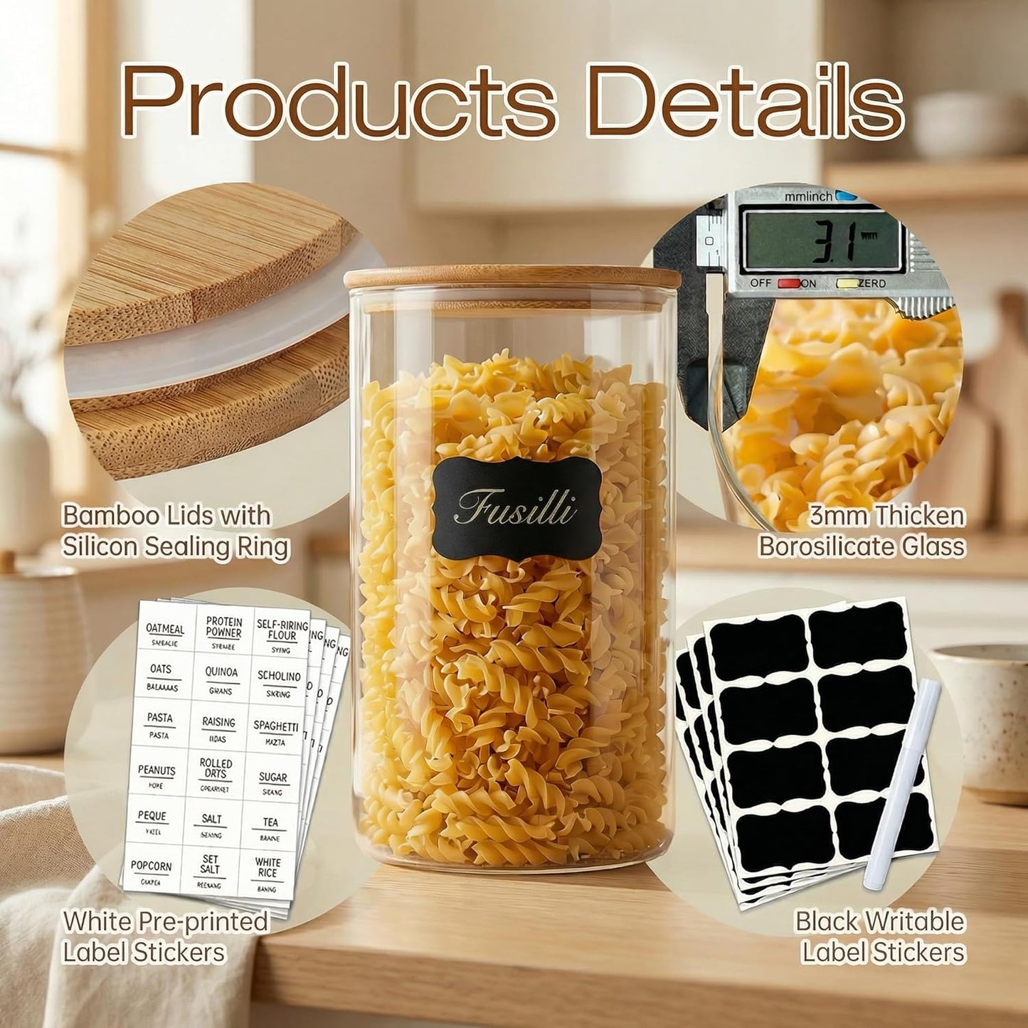 Multi Size - 5 Pack Glass Jars with Bamboo Lids