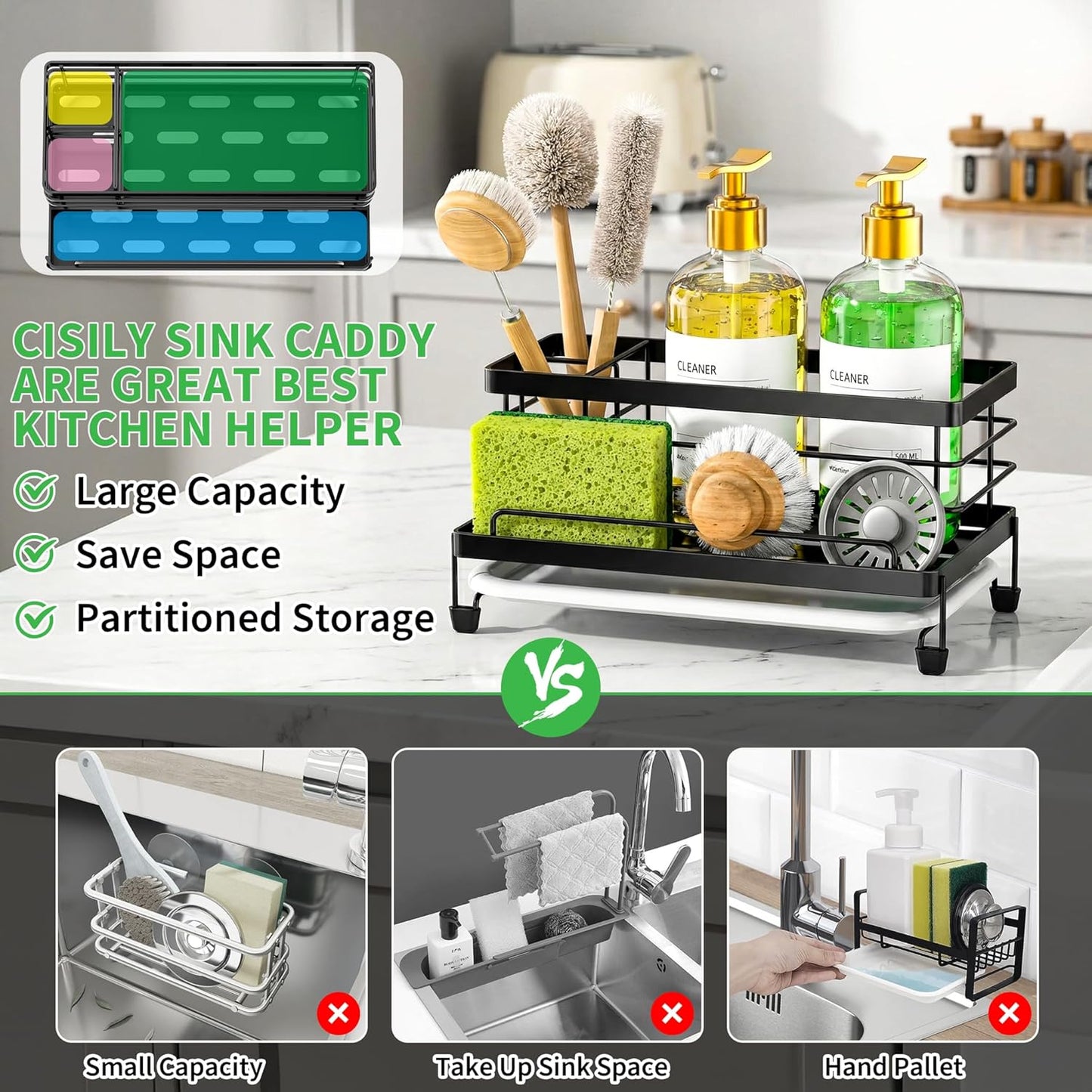 Large Black Sponge Holder for Kitchen, Sink Caddy Sink Organizer Rack for Kitchen Accessories with Drip Tray, Rustproof and Non-slip, Soap Dispenser Countertop Organizer Essentials for New Home