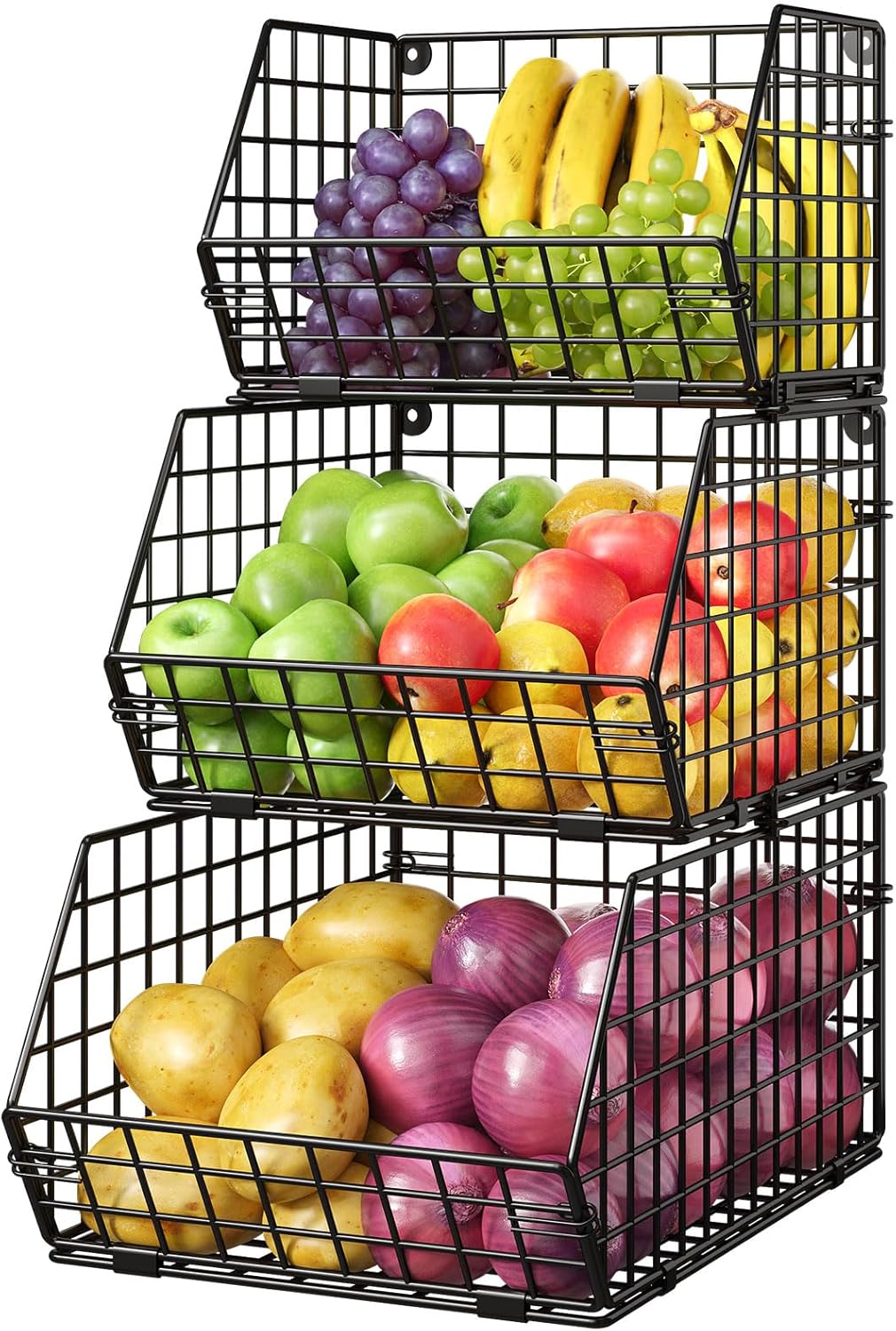 3-Tier Stackable Wire Baskets for Counter, Fruit and Vegetable Storage