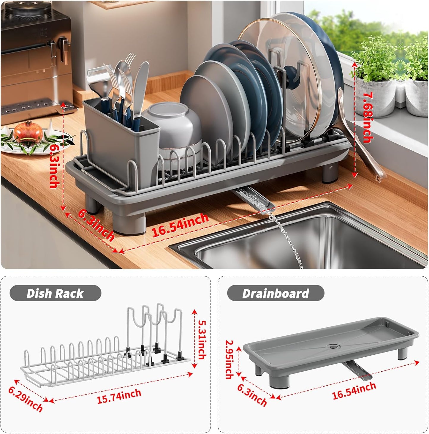 Small Dish Drying Rack with Removable Utensil Holder & Anti-Scratch Base