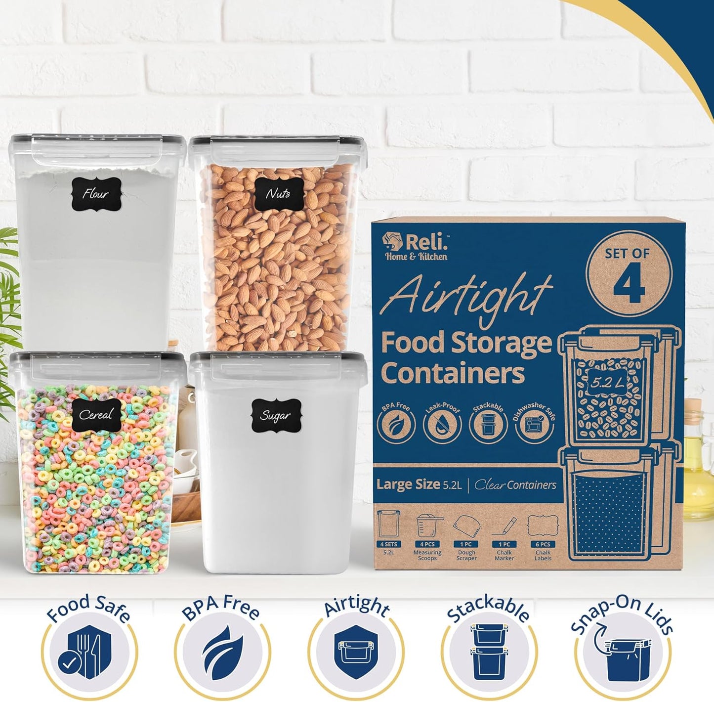5.2L Airtight Food Storage Containers with Lids (4 Sets) | Kitchen Organizers and Storage Pantry Organizers | BPA Free Plastic Container Set w/ 4 Measuring Cups, Dough Scraper, 6 Labels, Pen