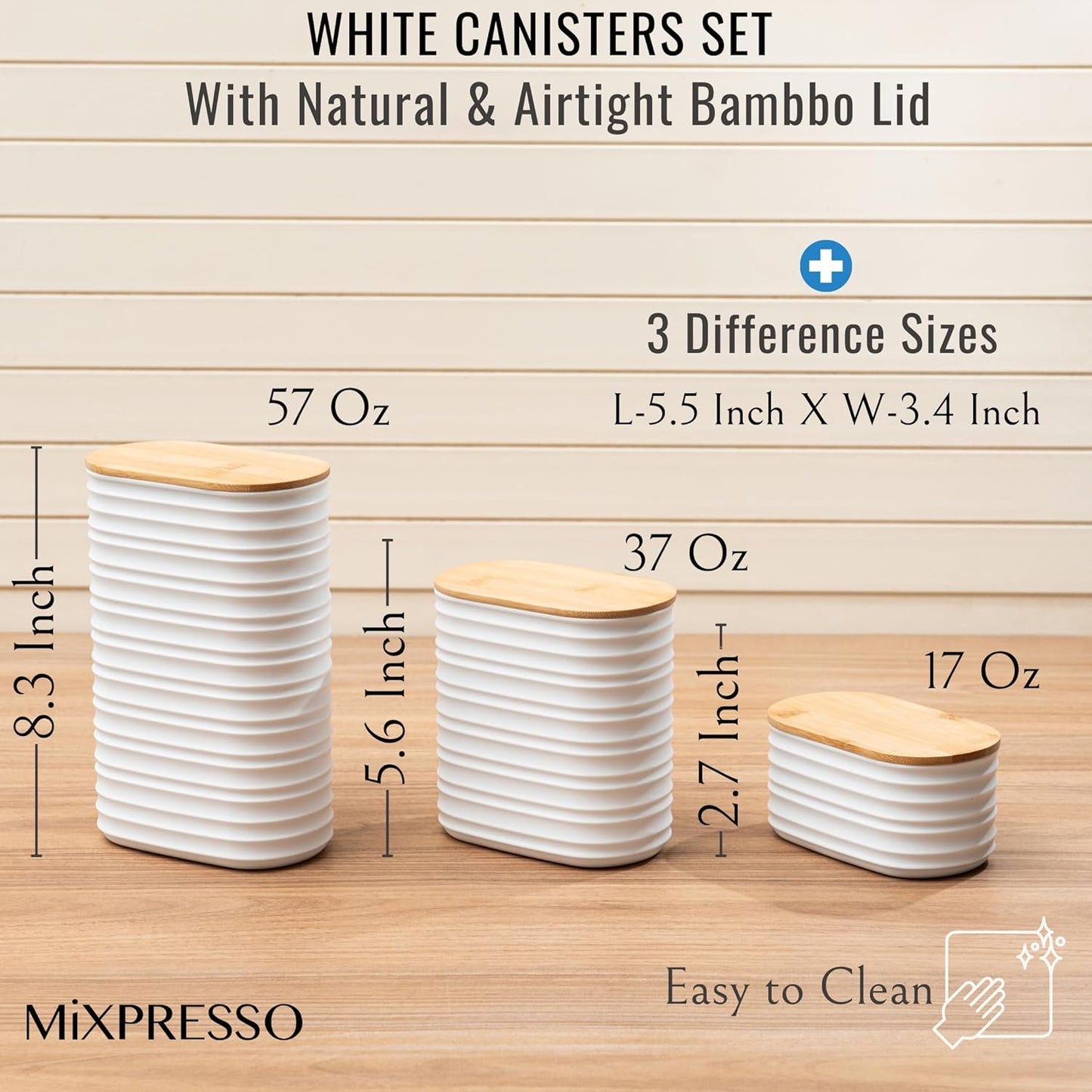 White Canisters Sets for the Kitchen – 3-Piece Airtight Plastic Sugar Container Set with Bamboo Lids in Three Different Sizes – Decorative Modern Storage Jars for Coffee, Tea & Countertops
