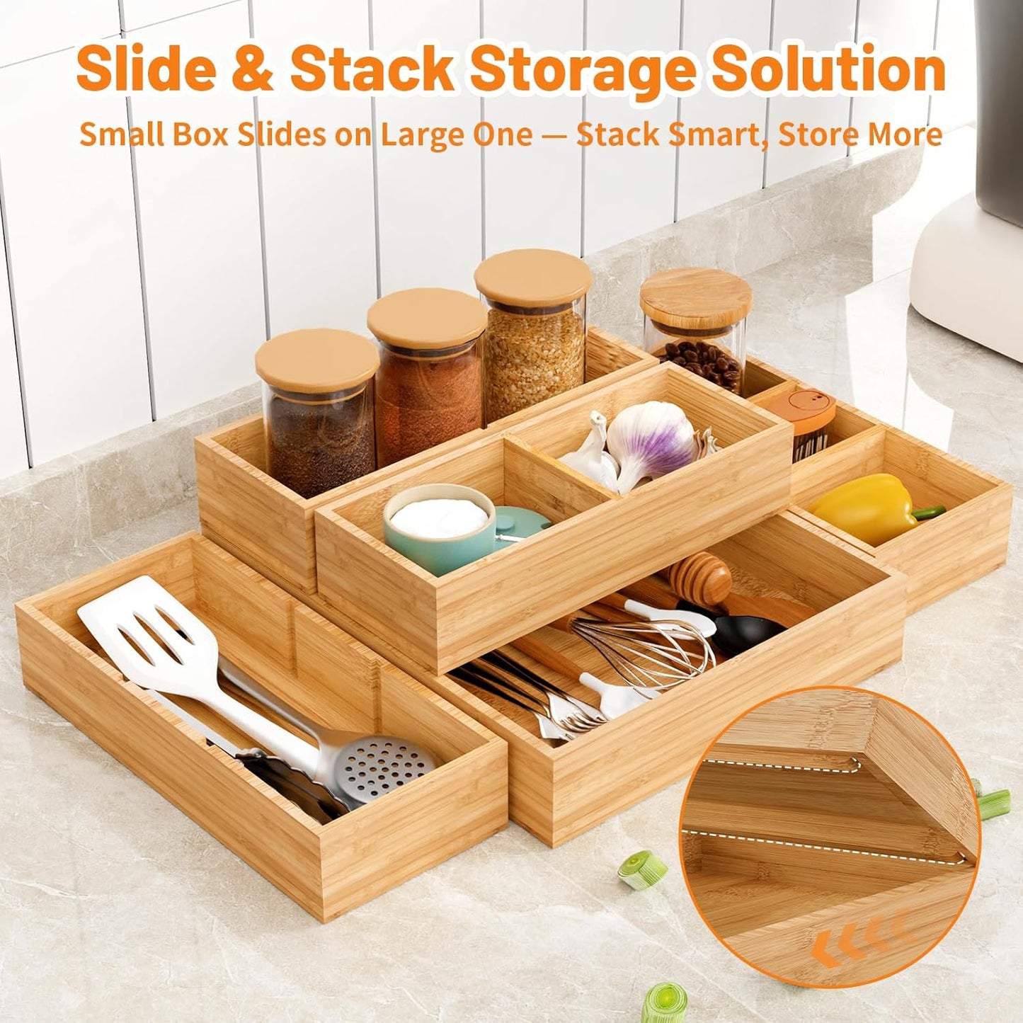 Bamboo Drawer Organizer, 5-Piece Drawer Divider with Removable Dividers for Organization and Storage, Multi-Use Stackable Storage Box & Utensil Holder for Kitchen, Office, Makeup & More