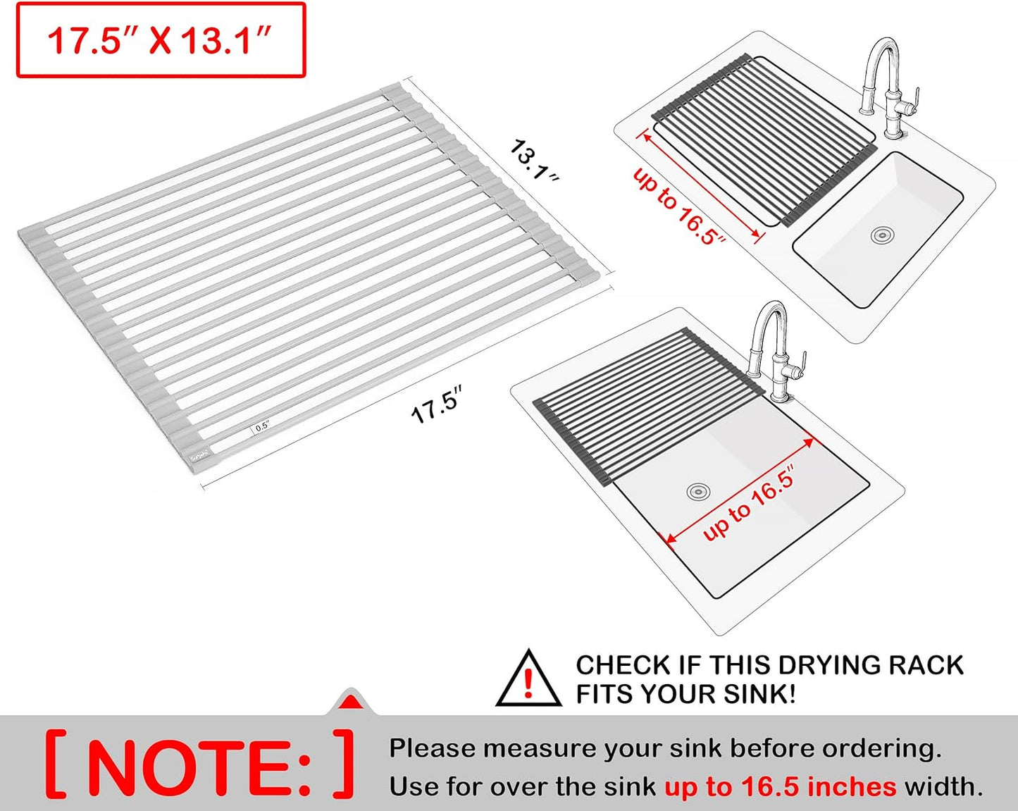 17.5 x 13.1 Inch Roll-Up Dish Drying Rack, Fits Across Sink Openings up to 16.5 Inches