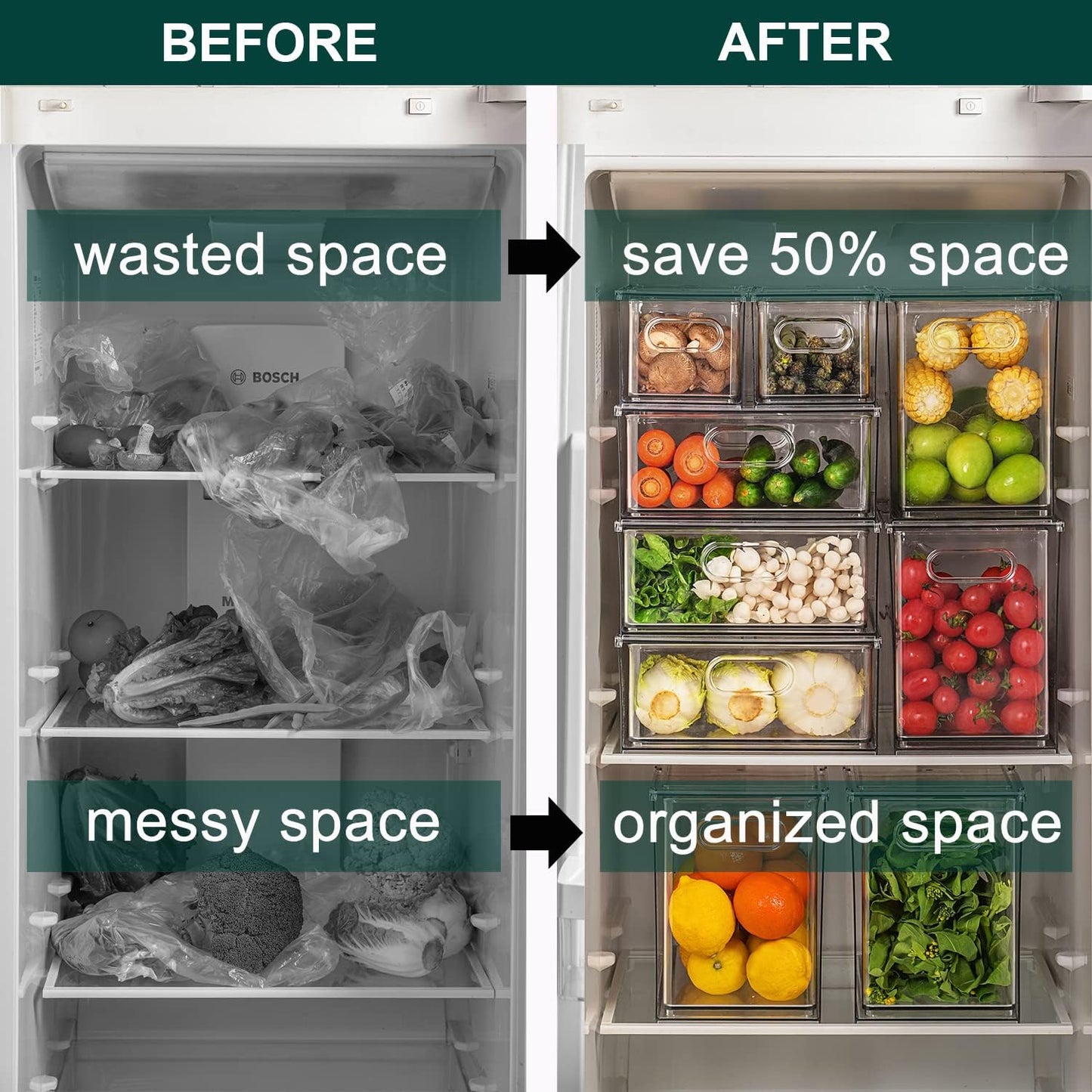 Refrigerator Organizer Bin with Pull-out Drawer, Large Fridge Organizer and Storage Clear