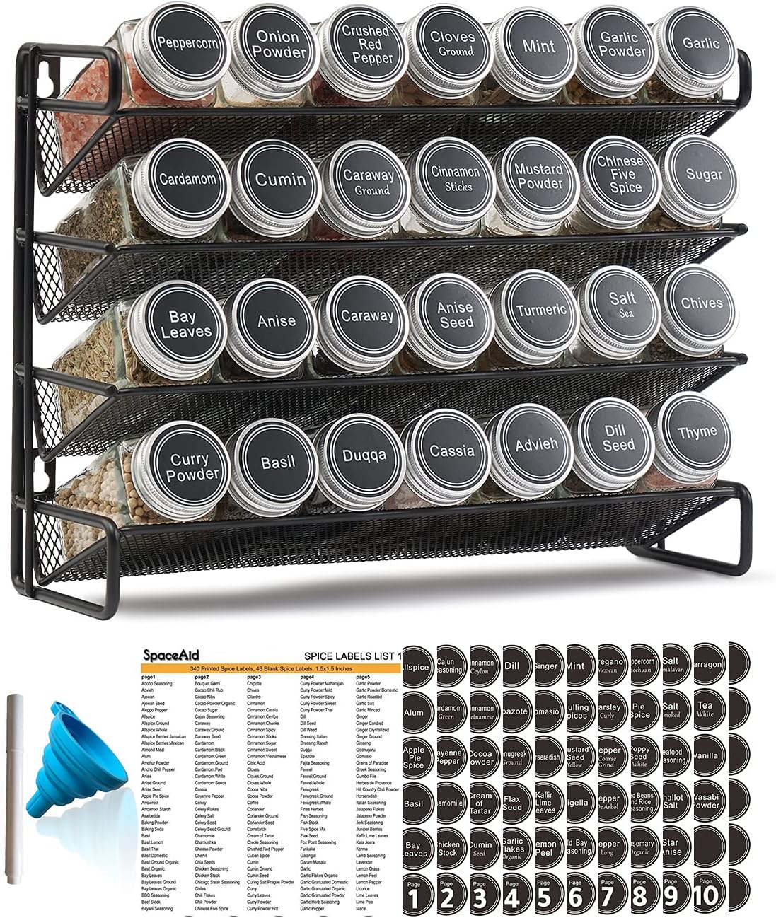 Spice Rack Organizer with 28 Spice Jars, 386 Spice Labels, Chalk Marker and Funnel Set for Cabinet
