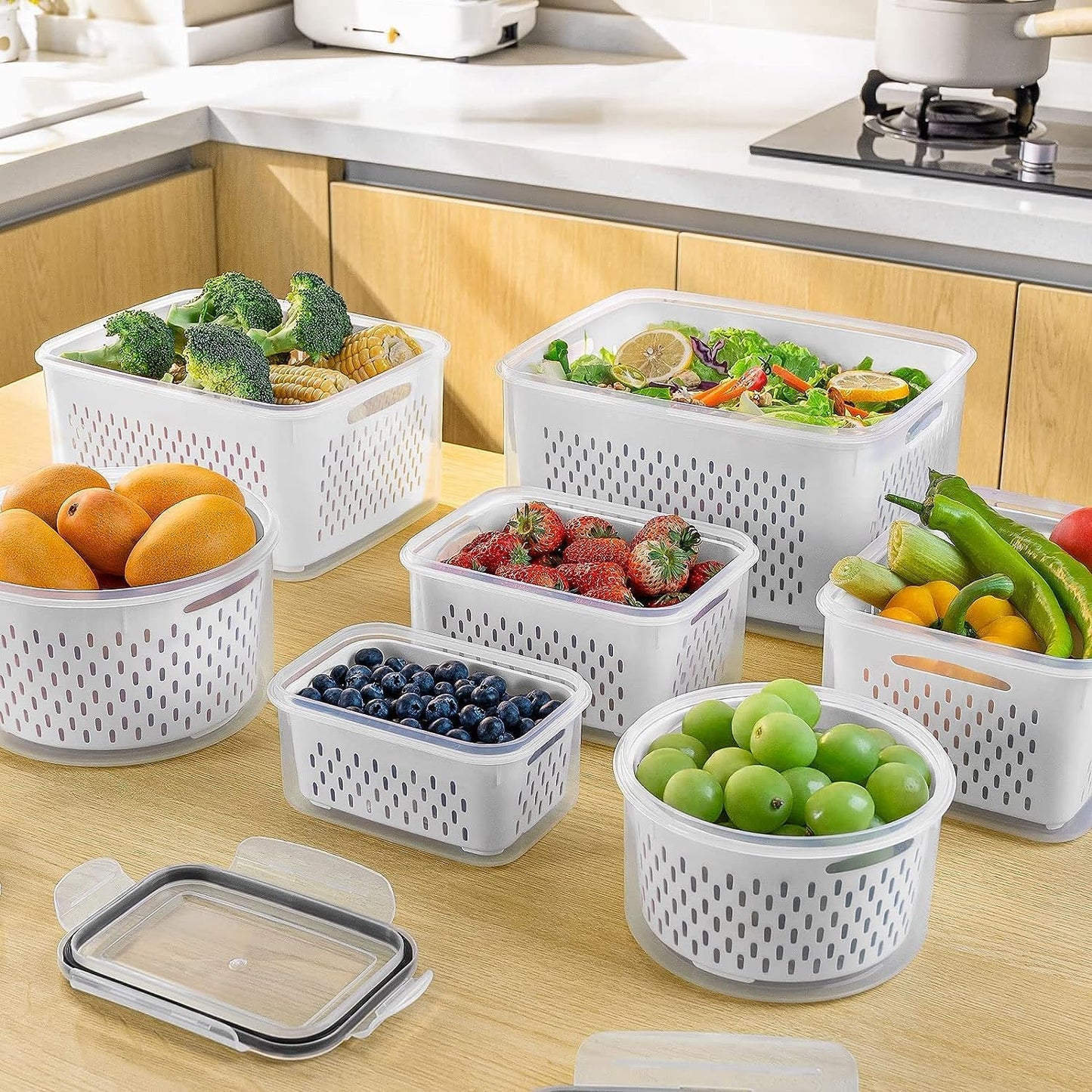 Fruit Storage Containers for Fridge with Removable Colander, Airtight Food Storage Container