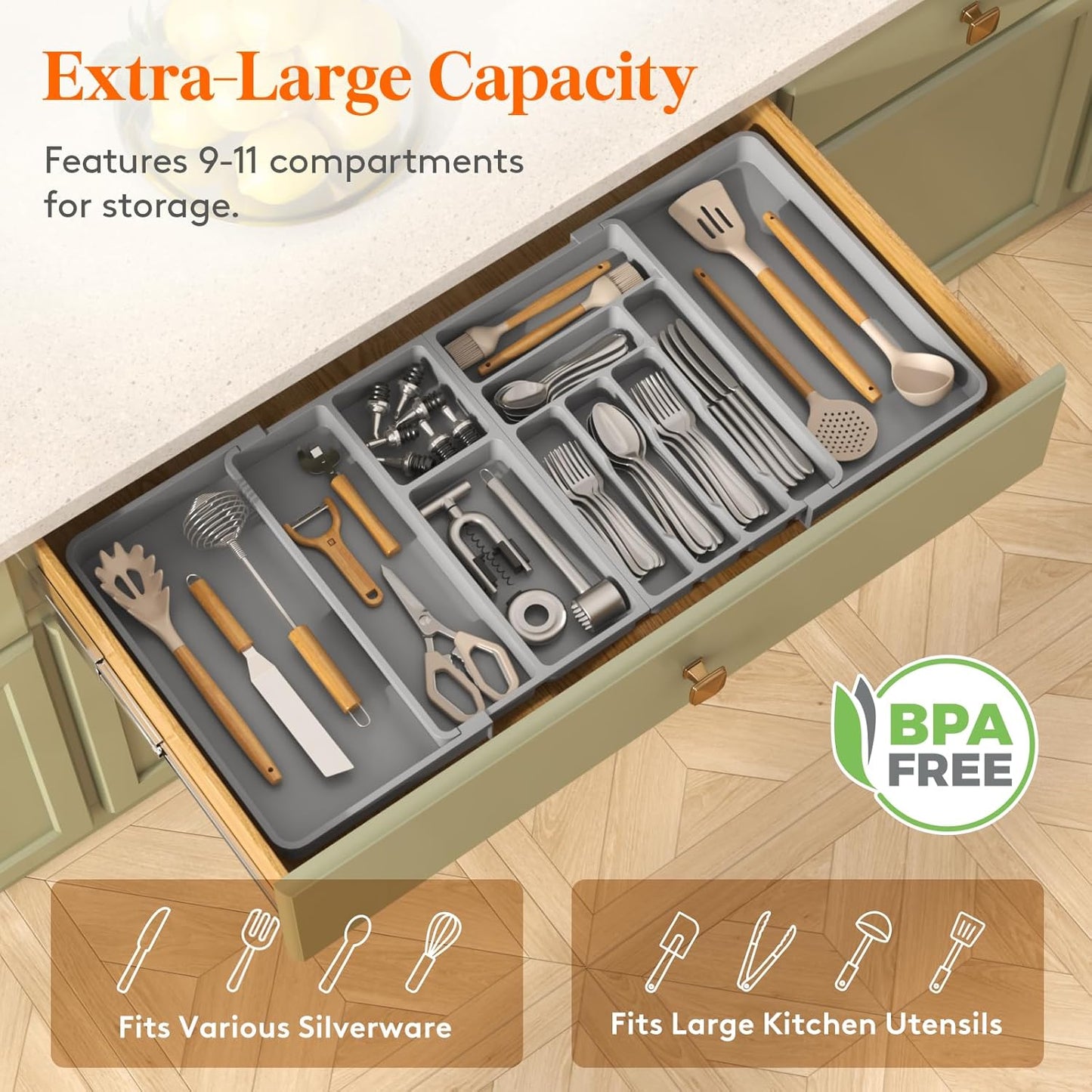Utensil Organizer for Kitchen Drawer, Expandable Cooking Silverware Tray
