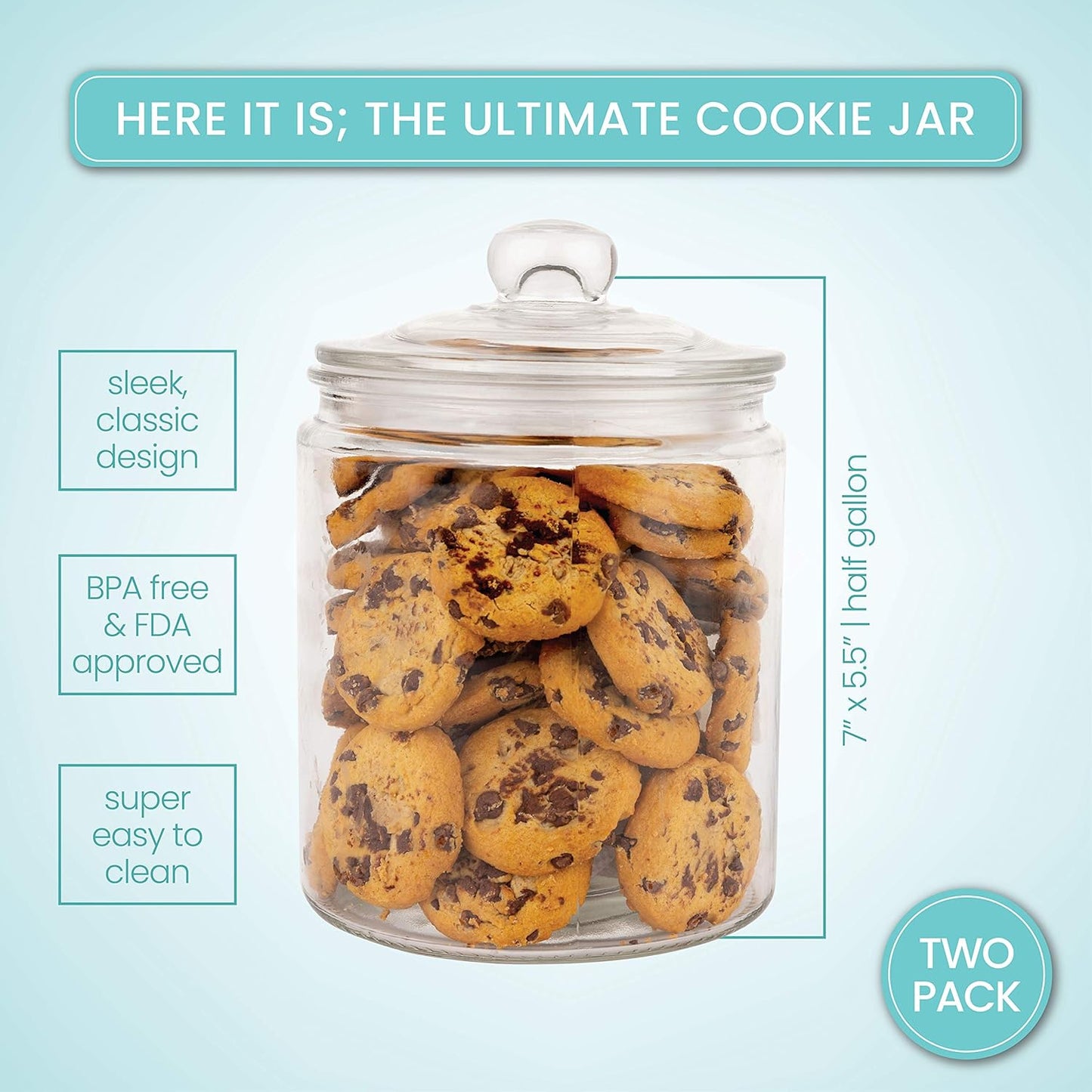 Set of 2 Glass Jar with Lid (2 Liter) | Airtight Glass Storage Cookie Jar for Flour, Pasta, Candy
