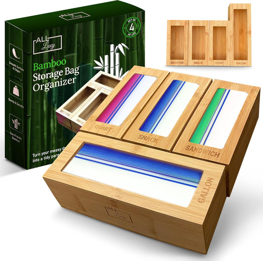 Storage Bag Organizer for Kitchen Drawer - Bamboo Baggie Organization Compatible with Gallon