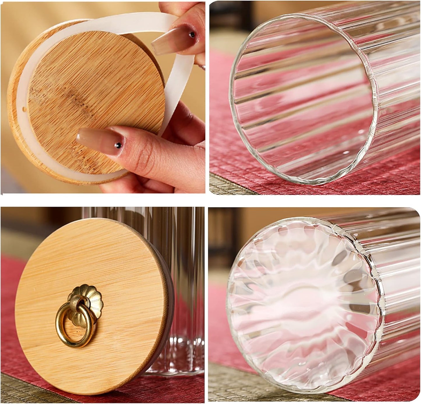 Glass Storage Jars Set of 5, Decorative Coffee Bar Container with Airtight Bamboo Lid Metal Ring for Home Kitchen Storing Candy, Cookie, Pasta, Nuts, Oatmeal and Bathroom Salt