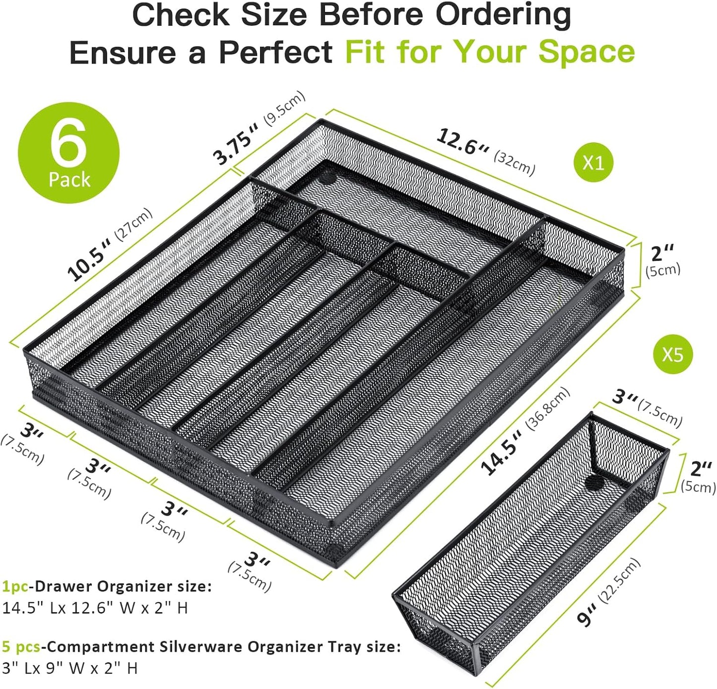 Drawer Organizer Set 6 Pack - 5-Compartment Silverware Organizer Tray + 5 Utensil Trays