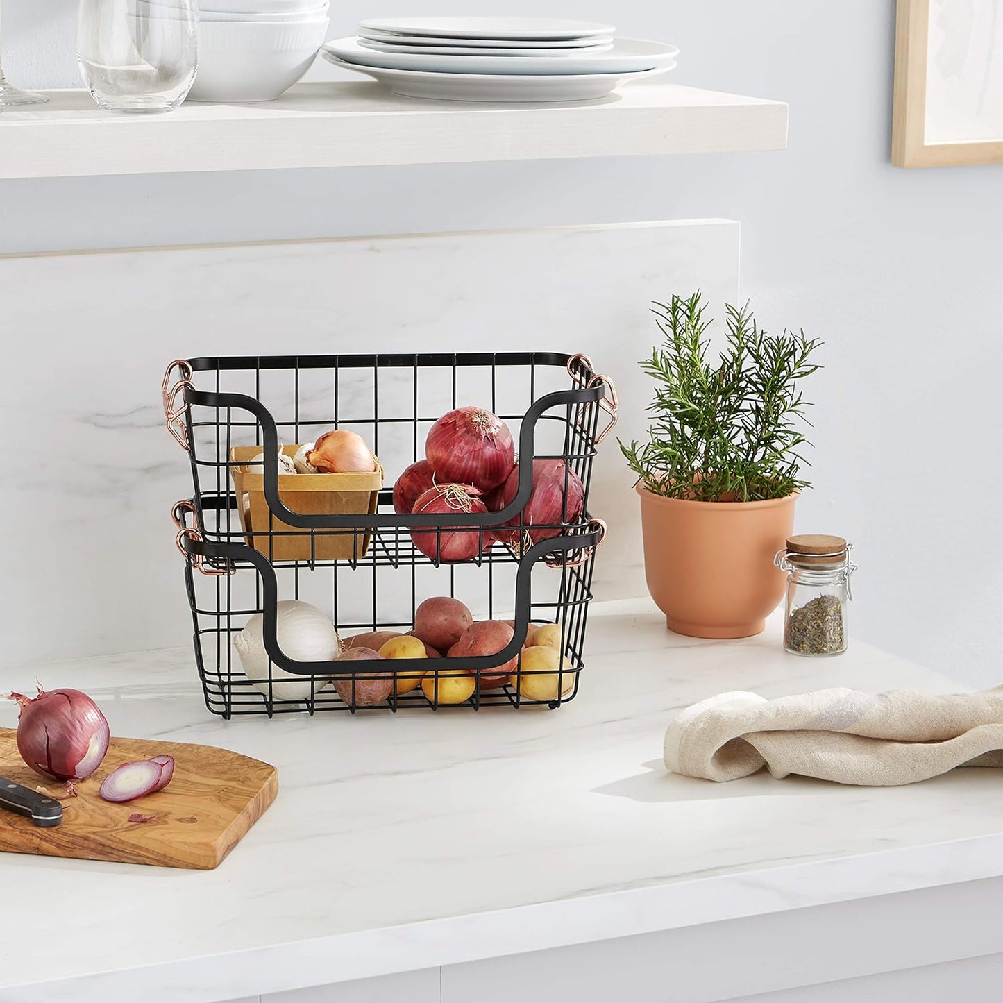 Stackable Metal Wire Rectangular Storage Baskets for Kitchen, Bathroom or Pantry Organizing
