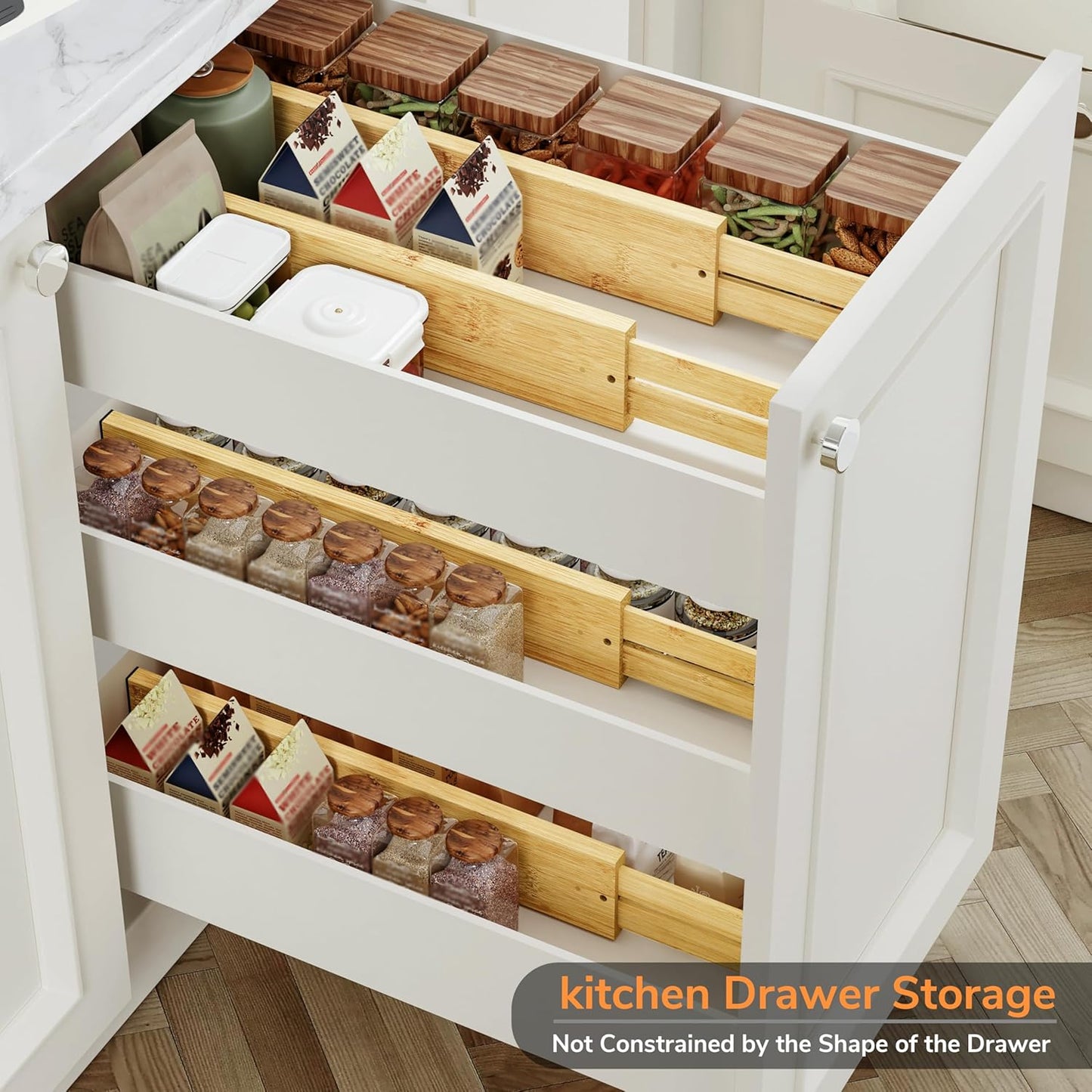 3" H Large Bamboo Drawer Dividers Adjustable Drawer Organization Expandable Utensil Organizers for Kitchen Dresser Bathroom Bedroom and Office 4-pack