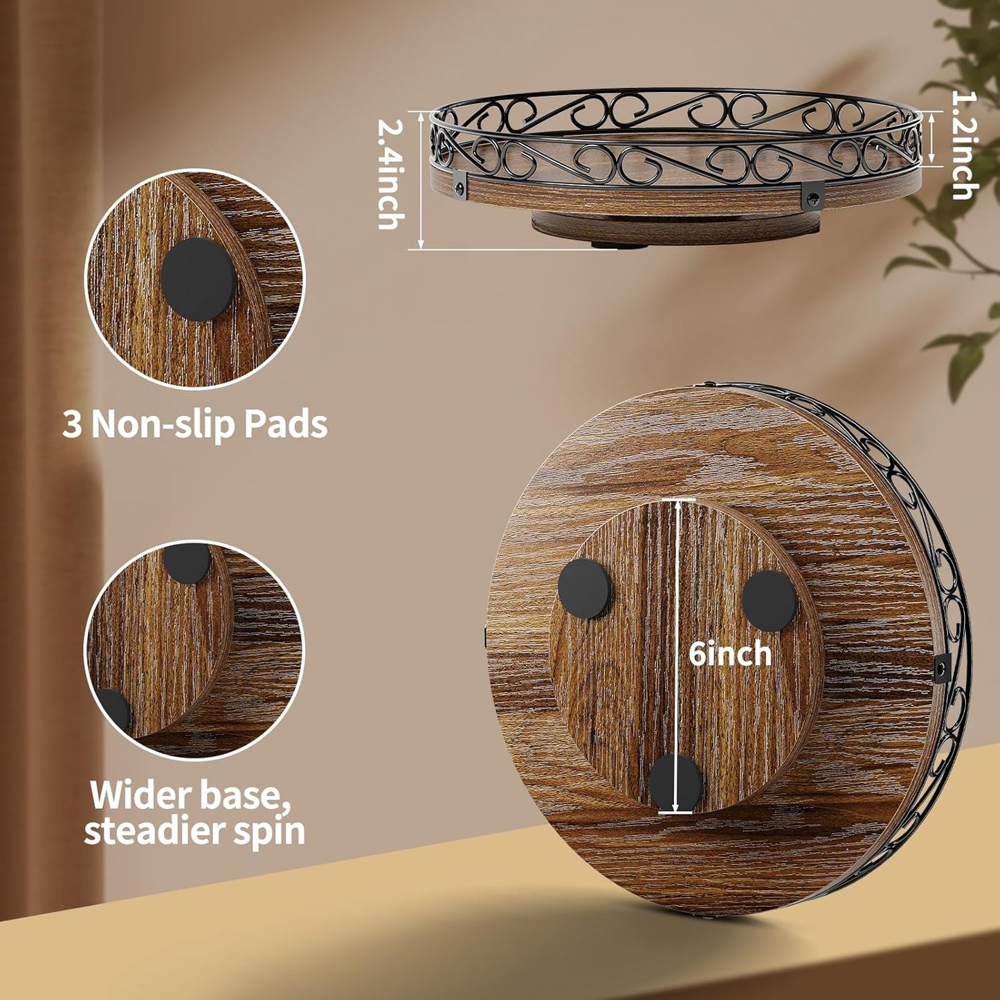9" Lazy Susan Turntable Organizer for Table Top, Round Wooden Lazy Susan for Cabinet