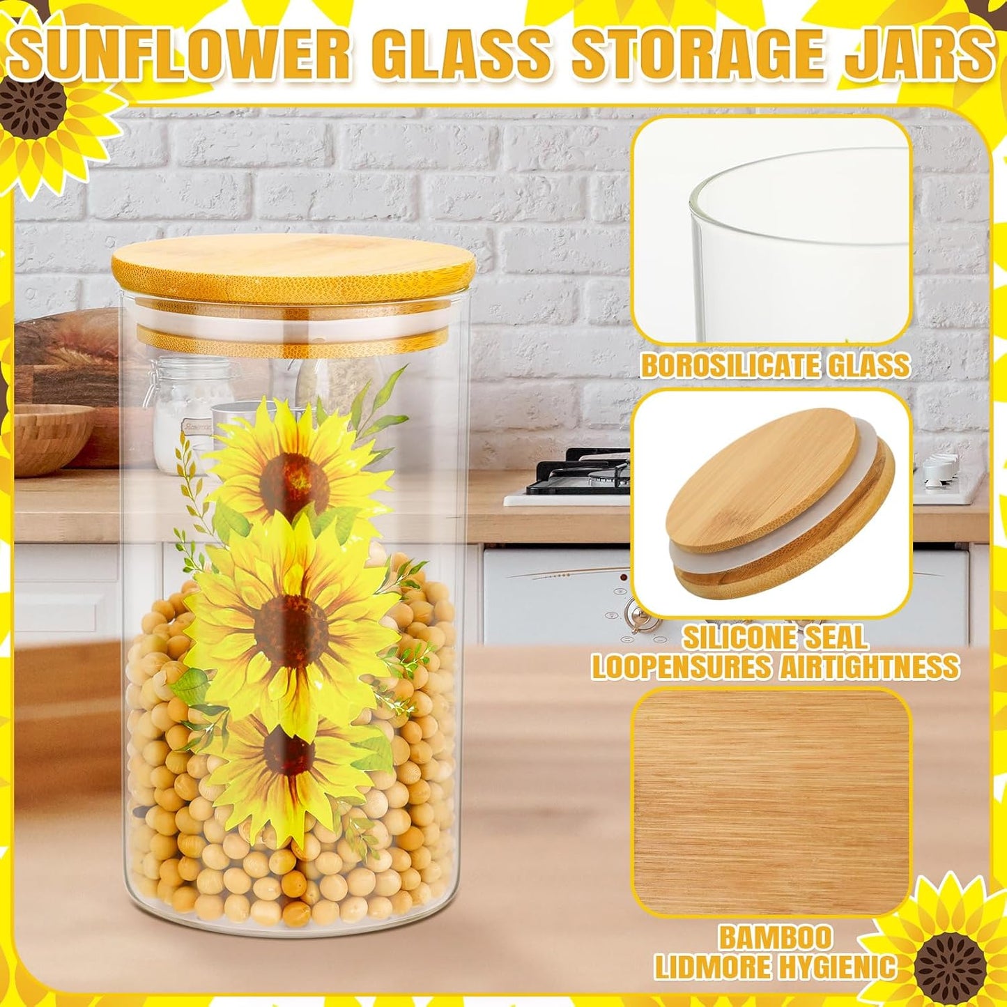 3 Pcs Sunflower Glass Canister Set Clear Lemon Kitchen Storage Jars with Airtight Bamboo Lid for Coffee Bean Cookie Candy Tea Flour Farmhouse Home Countertop 24oz