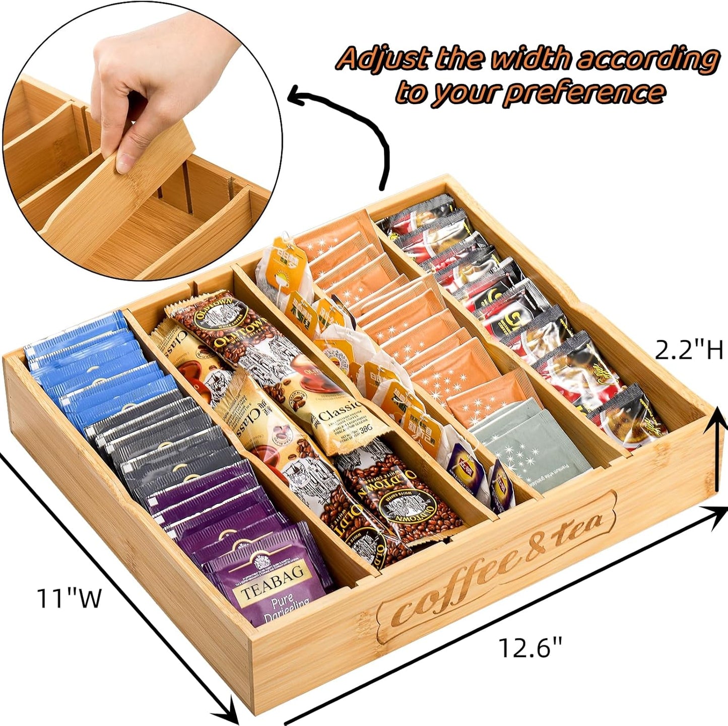 2 Pack K Cup Holder for Drawers, Bamboo Tea Bag Organizer with Adjustable Dividers
