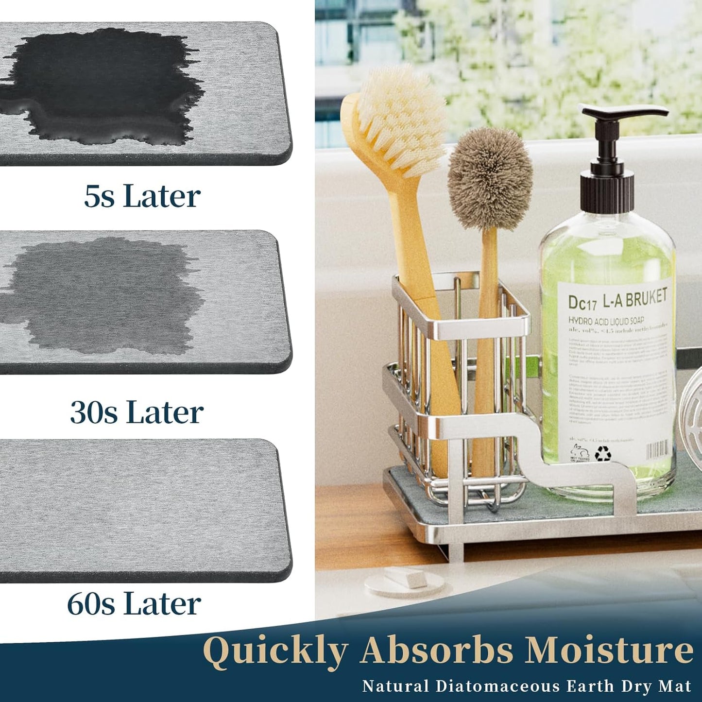 Sponge Holder for Kitchen Sink - Sink Caddy Organizer with Water Absorbing Stone Tray