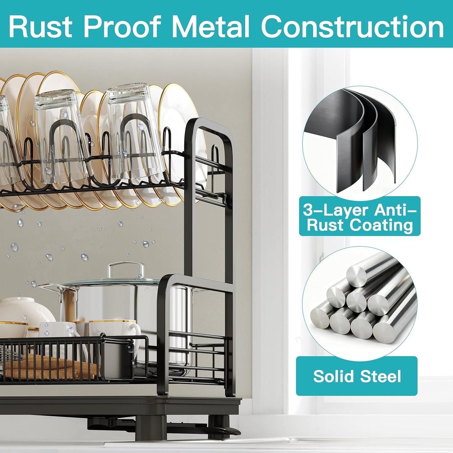 2 Tier Compact Stainless Steel Dish Drainers Drying Rack for Kitchen Counter, Space Saving