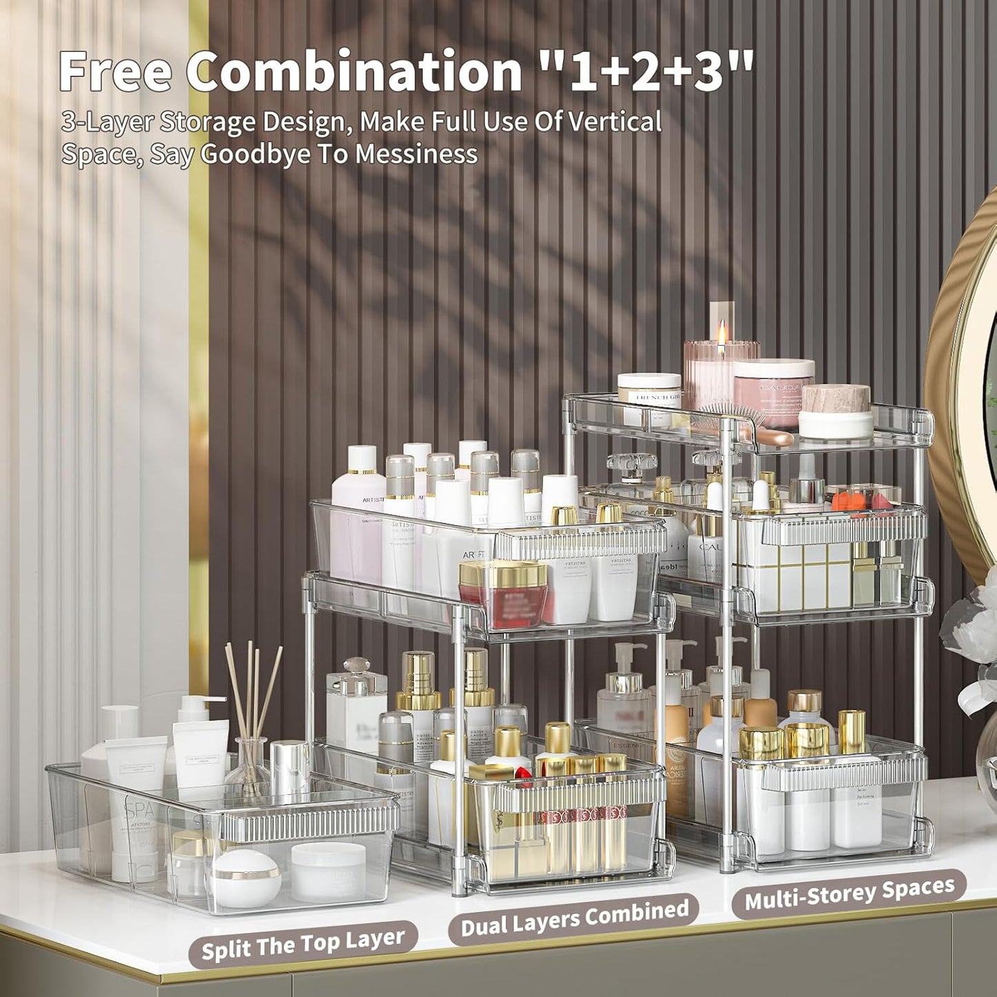 Clear Bathroom Organizers 2 Sets 3 Tier, Pull Out Organizer and Storage with 2 Cups