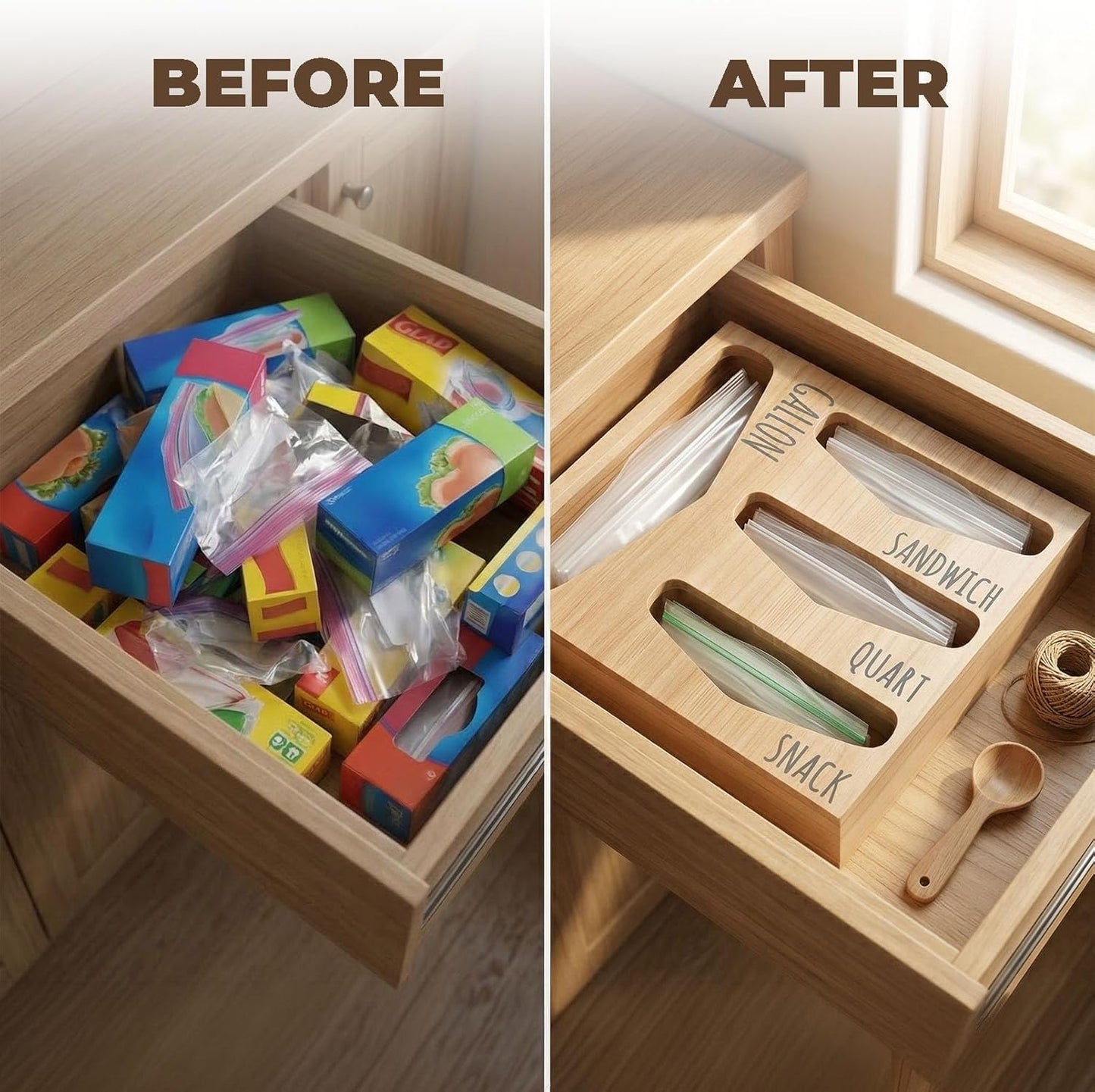 Bag Storage Organizer for Kitchen Drawer, Wooden Farmhouse Style Bags Organizer