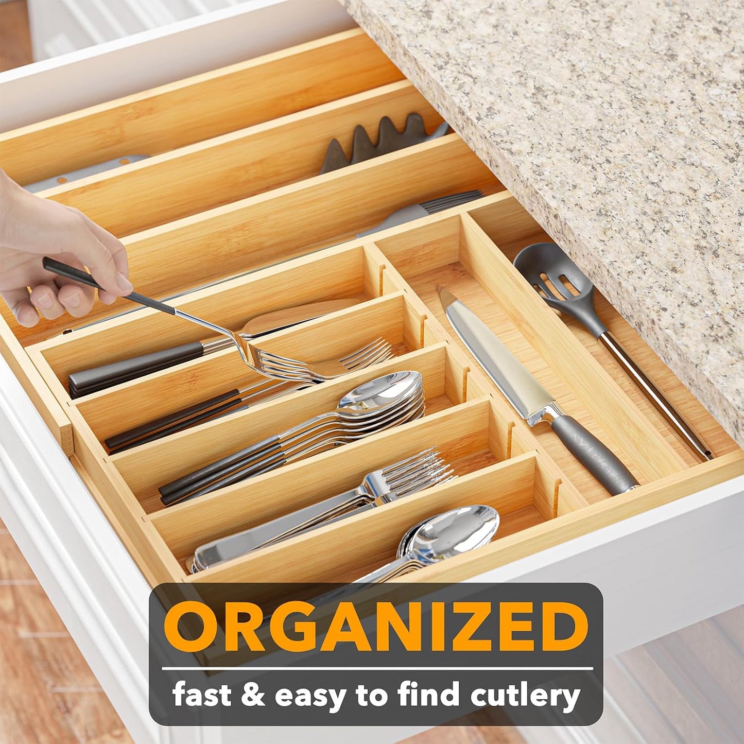 2.5" High Bamboo Silverware Drawer Organizer with Labels