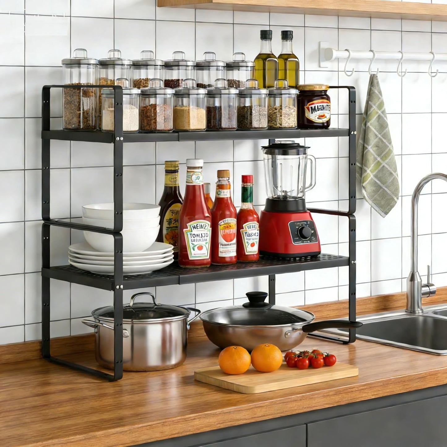 Expandable Cabinet Organizer Shelf - Adjustable Width (16.5”-27.1”), Stackable, Heavy Duty 80 lbs