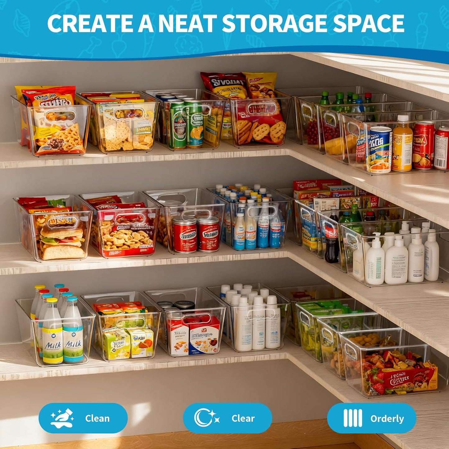 Clear Plastic Storage Bins, 4-Pack Stackable Pantry Organizers and Storage Containers for Kitchen