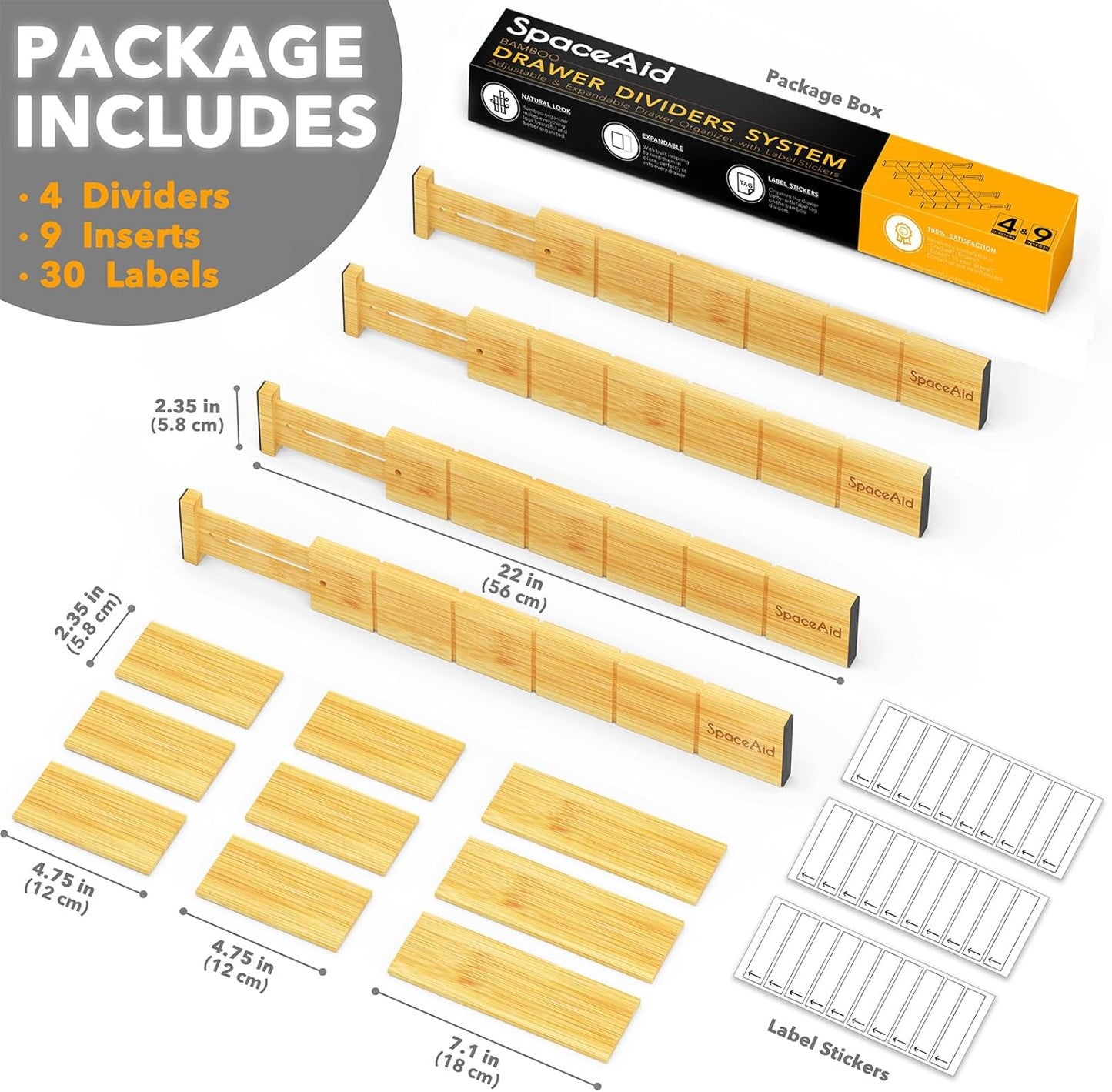 Bamboo Drawer Dividers with Inserts and Labels, Kitchen Adjustable Drawer Organizers
