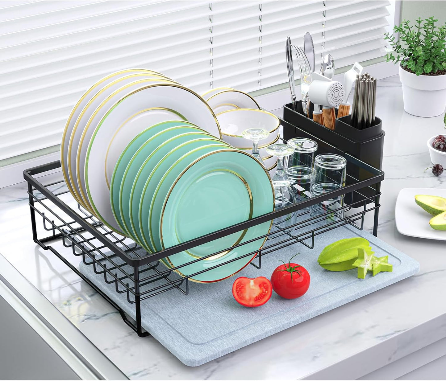 Dish Drying Rack with Stone Drying Mat, Quick-Drying/Stainless/Super Sturdy/Space-Saving