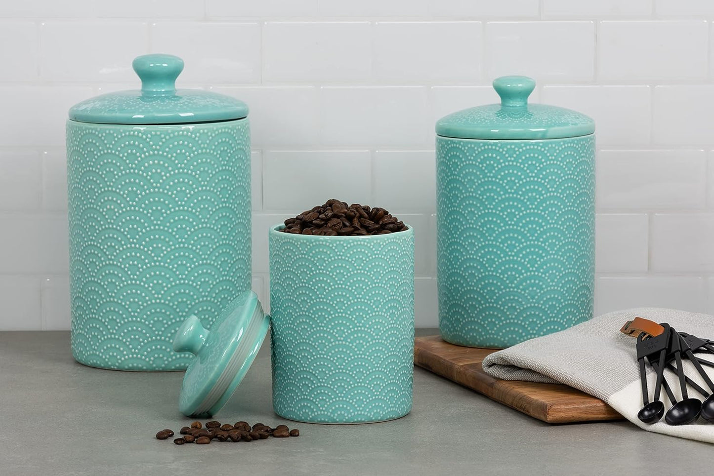 Embossed Ceramic Kitchen Canister Set, Set of 3, Tide Blue