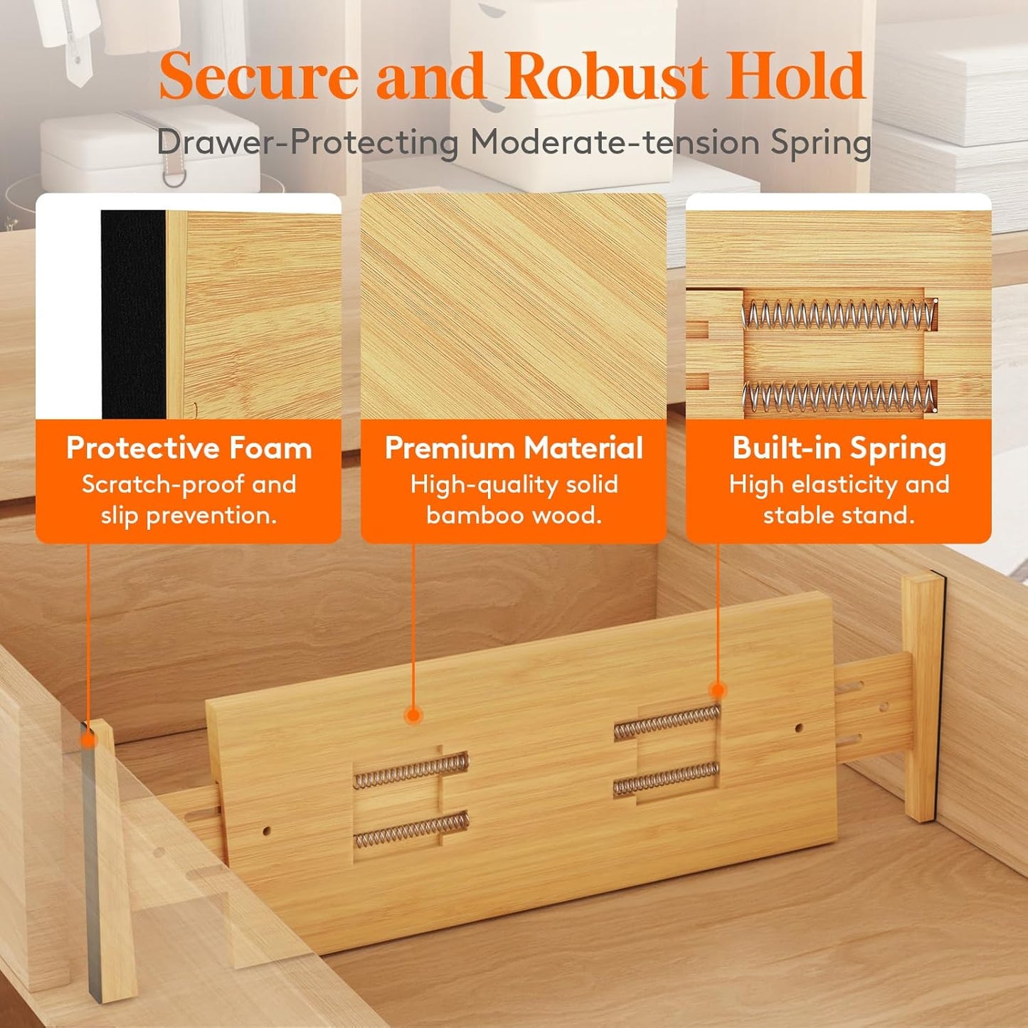 6" High 8 Pack Bamboo Drawer Dividers 45-55cm/17.5-22" Adjustable Wooden Drawer Organizer for Clothes/Utensils, Expandable Drawer Separator for Dresser/Kitchen/Bedroom/Office Organization