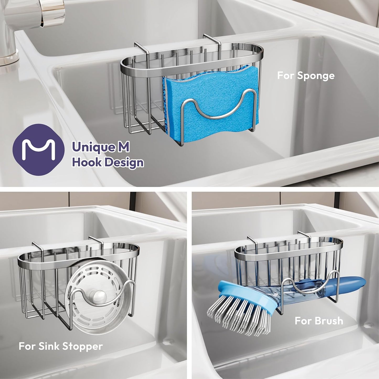 Sponge Holder for Kitchen Sink - Movable Kitchen Caddy with M Shape Hook