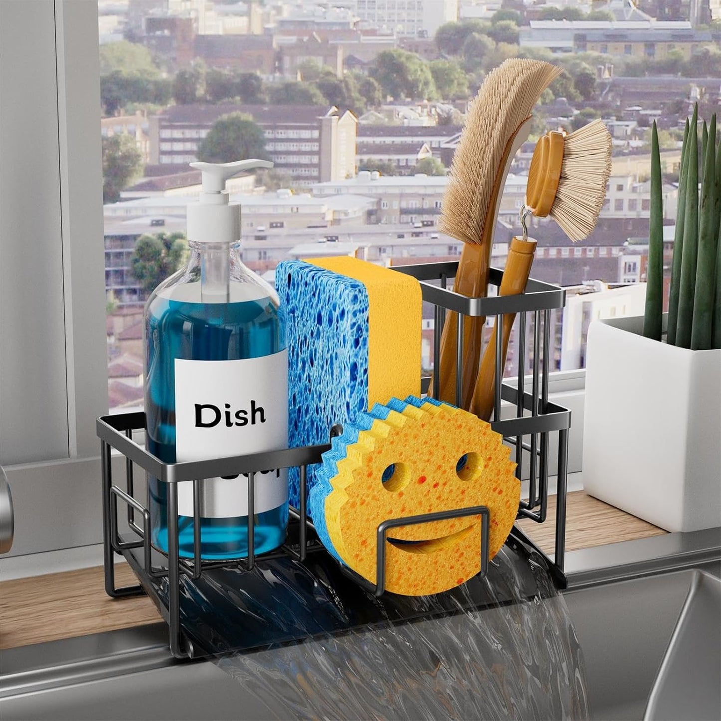 Sponge Holder for Kitchen Sink with Self Tray, Sink Caddy Cocina Organzier with Brush Holder