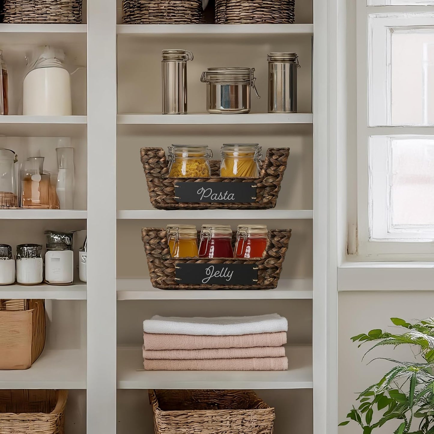 Set of 2 Water Hyacinth Pantry Baskets with Handles, Chalkboard Labels, and Marker - Espresso