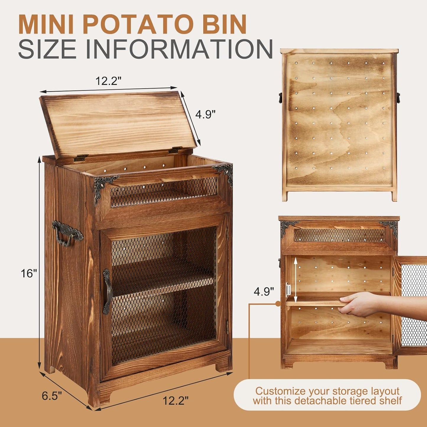Mini Potato and Onion Storage Bin - Wooden Storage Box for Kitchen Countertops