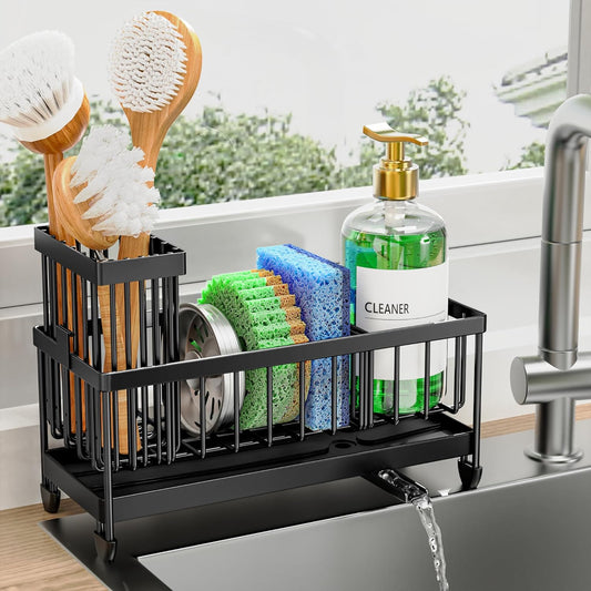 Sponge Holder for Kitchen Sink, Sink Caddy Organizer with High Brush Holder