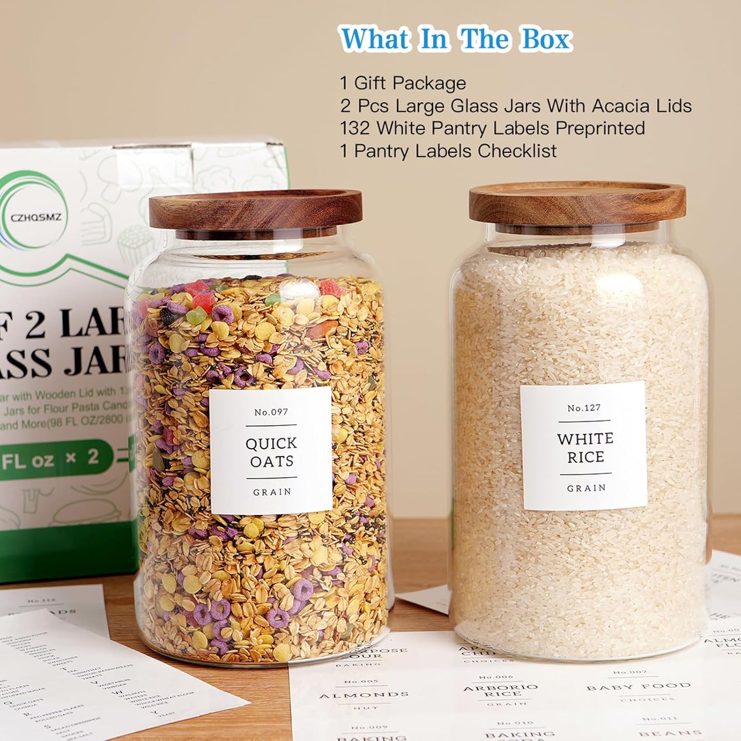 Set of 2 Large Glass Jar with Airtight Acacia Lid and 132 Kitchen Pantry Labels