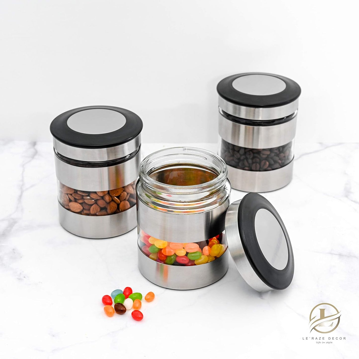Quality Stainless Steel Canister Set of 3 for Kitchen Counter with Glass Window & Airtight Lid