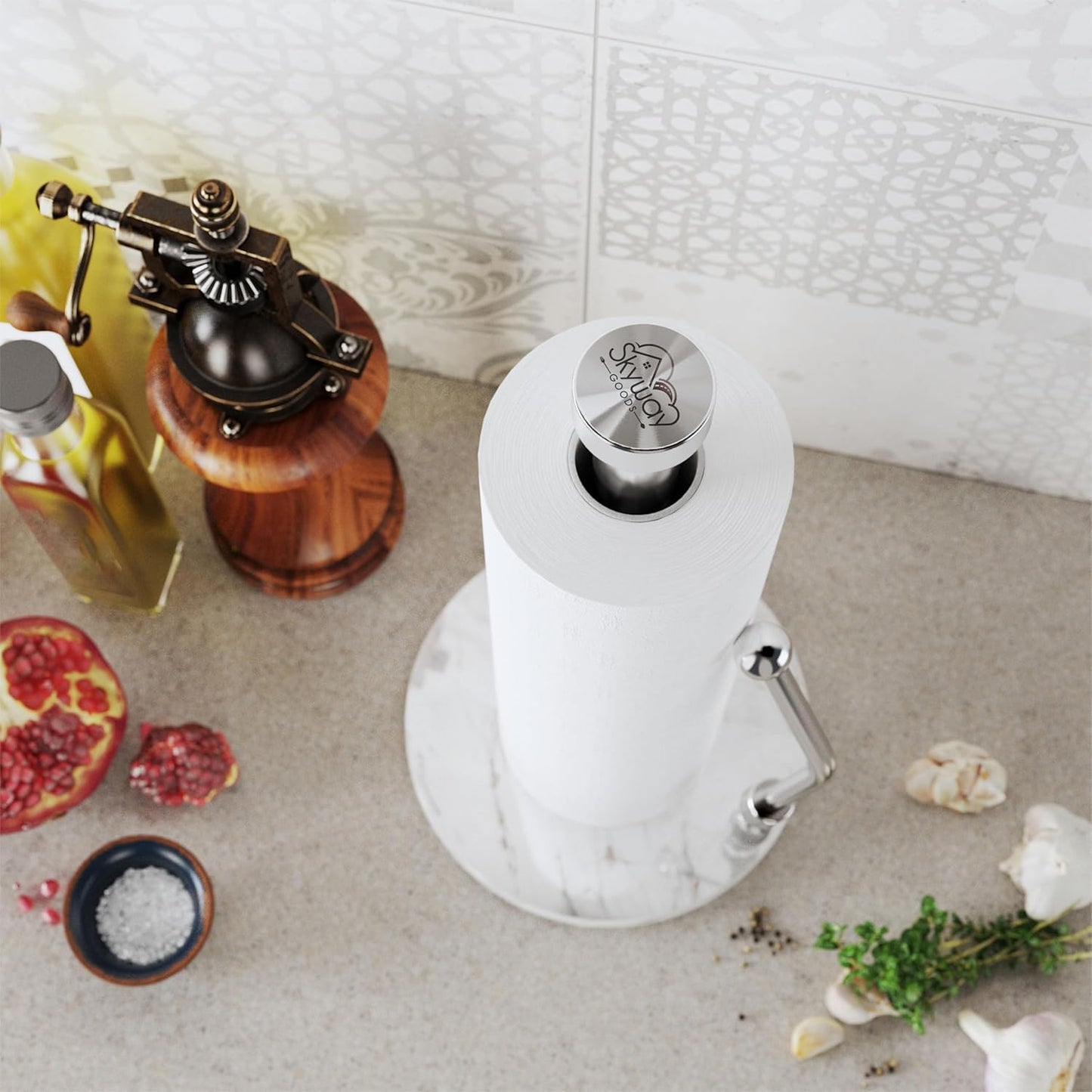 Paper Towel Holder with Marble Base – Weighted Countertop Stand, One-Hand Tear