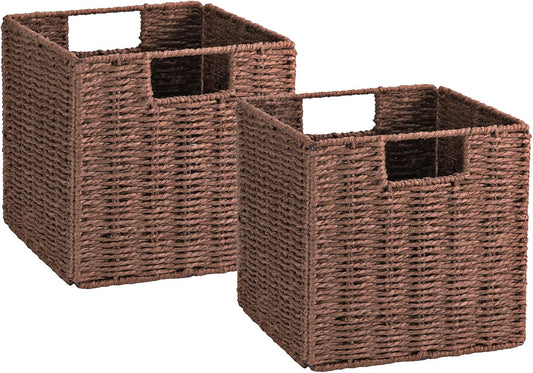 Wicker Storage Basket, Set of 2 Hand-Woven Storage Baskets for Shelves with Handles