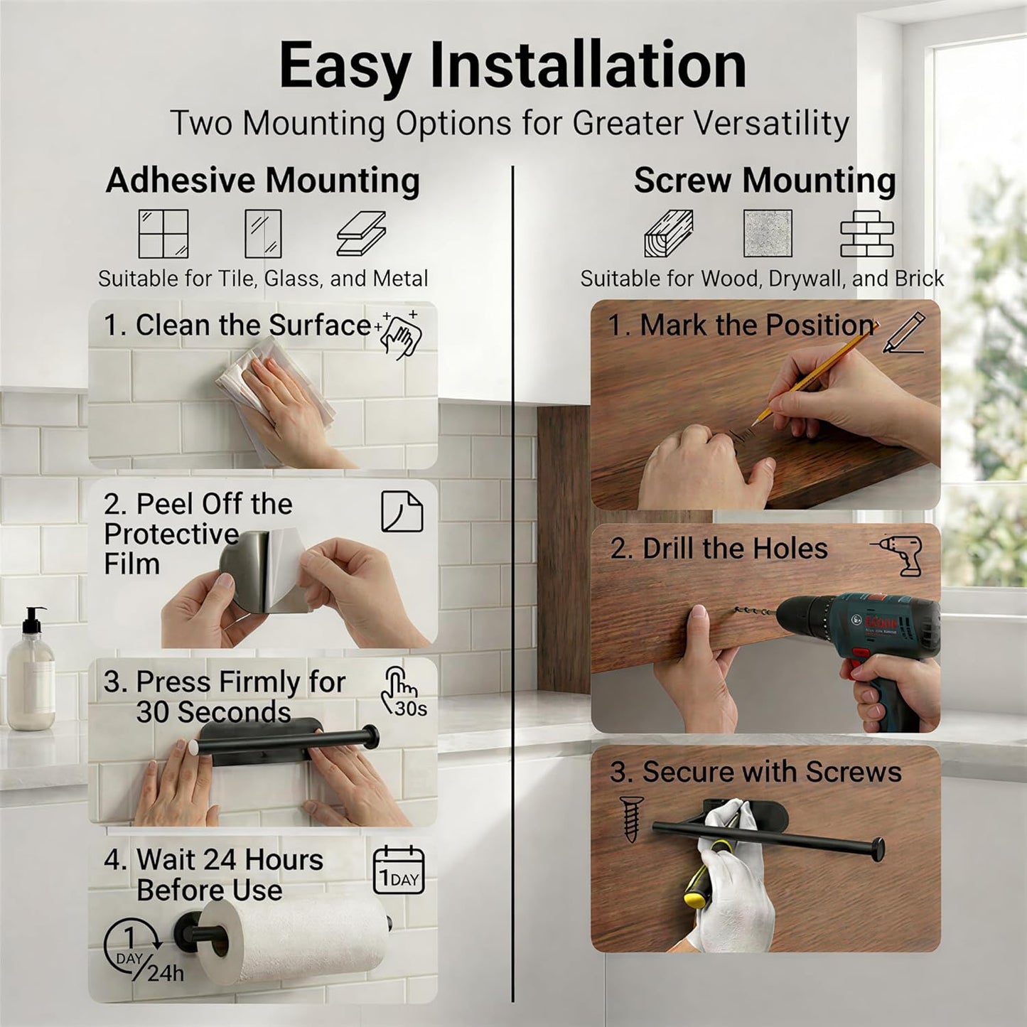 Paper Towel Holder Under Cabinet, Self Adhesive or Screw Mount