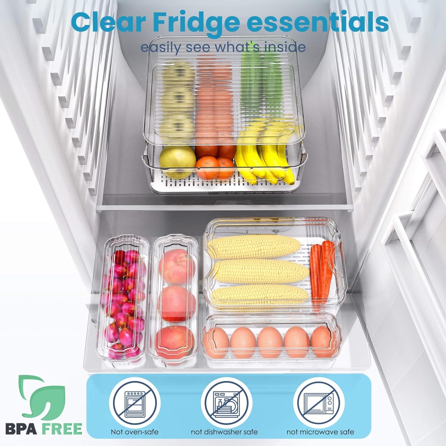 6 Pack Refrigerator Organizers, Clear Pull-out Drawer Container and Organizer Bins with Lids