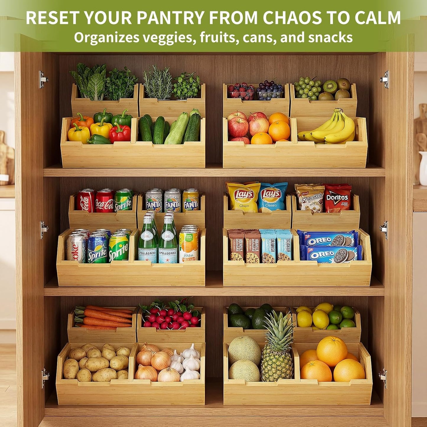 Bamboo Pantry Storage Bins for Vegetables, Potato and Onion Storage Bin with Handles