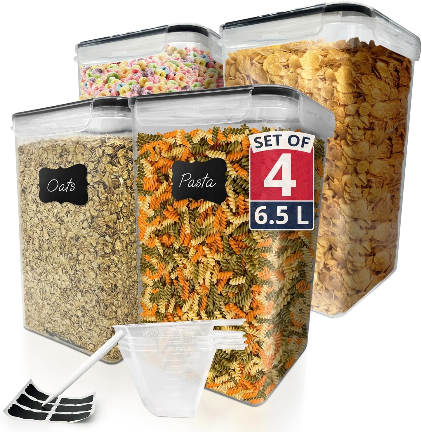 6.5L Airtight Food Storage Containers with Lids (4 Sets) | Kitchen Organizers and Storage Containers, Pantry Organizers | BPA Free Plastic XL Set w/ 4 Measuring Cups, 12 Labels, Pen