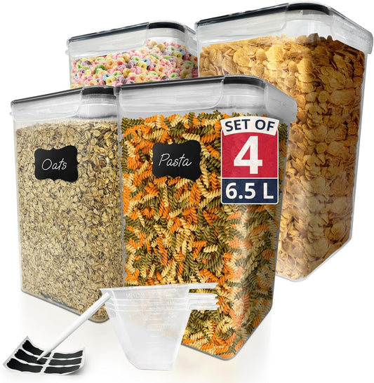 6.5L Airtight Food Storage Containers with Lids (4 Sets) | Kitchen Organizers and Storage Containers, Pantry Organizers | BPA Free Plastic XL Set w/ 4 Measuring Cups, 12 Labels, Pen